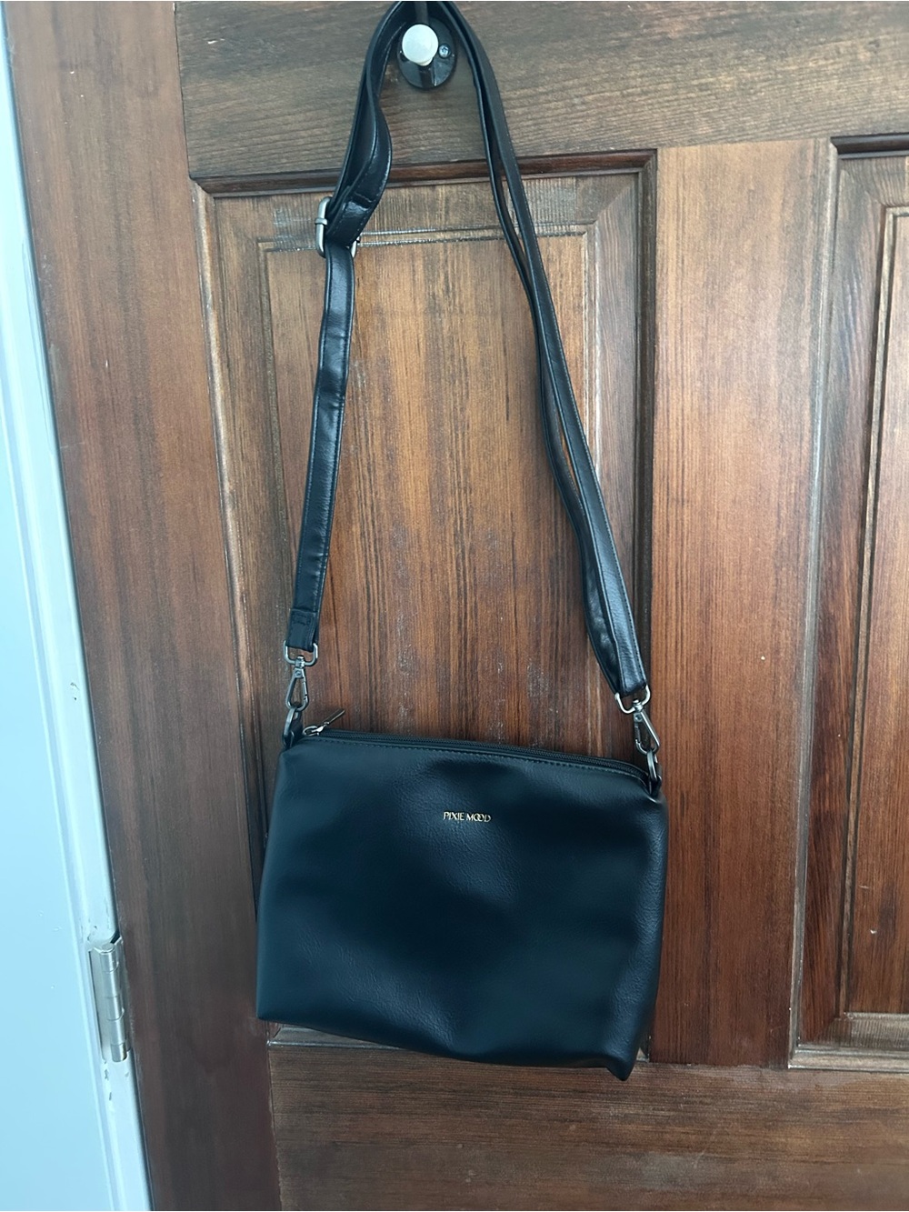 Pixie Mood Black Pebbled Crossbody with Gold Logo